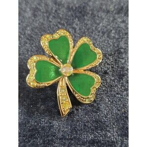 Vintage Green Enamel Four Leaf Clover Brooch – AB Rhinestone Shamrock Charm